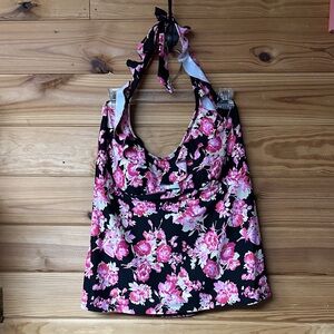 Liz Claiborne Women's Pink Floral Halter Tankini Top - Black and Pink Size 22W